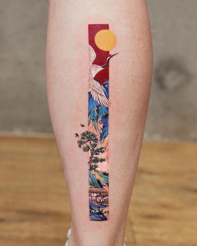 Rectangular Tattoo Art Inspired by Traditional Chinese Paintings