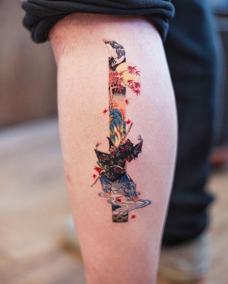 Rectangular Tattoo Art Inspired by Traditional Chinese Paintings