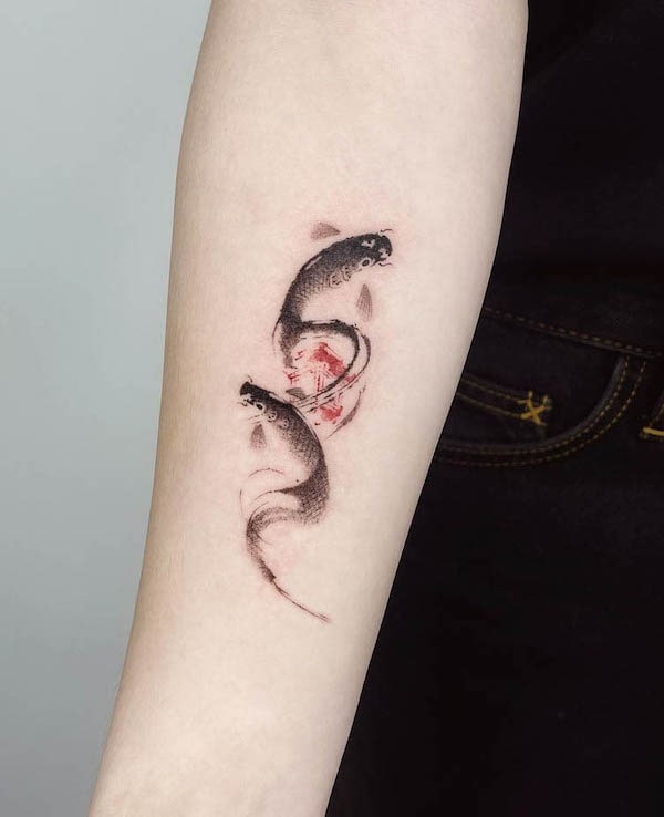Simple ink wash styled koi fish tattoo by @hanu.classic