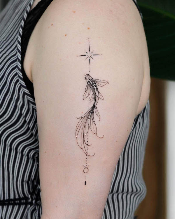 Simple koi fish and star sleeve tattoo by @nastyafox