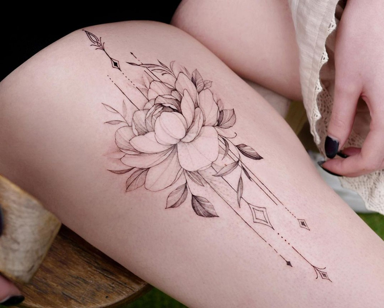 Lotus Flower Thigh Tattoos For Females