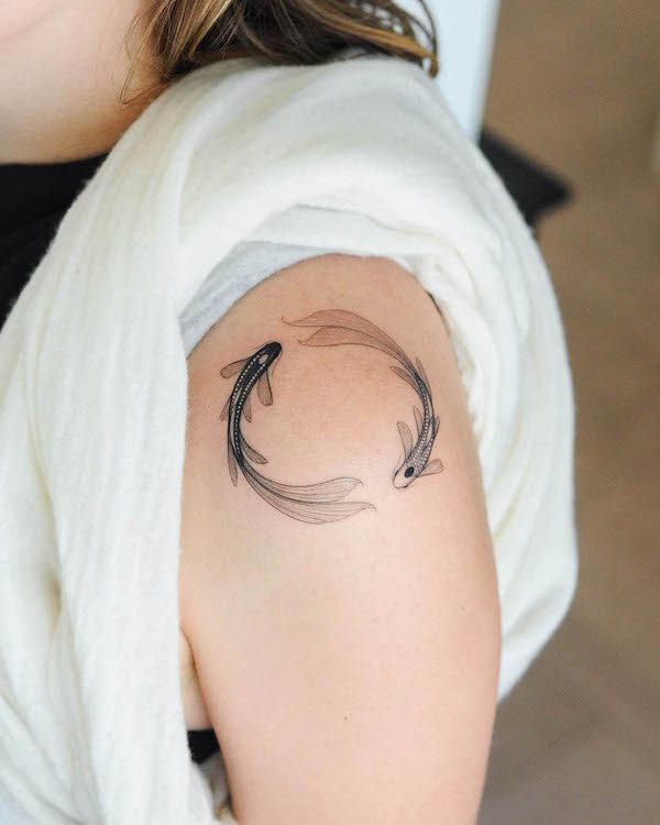Blackwork koi fish shoulder tattoo by @nastyafox