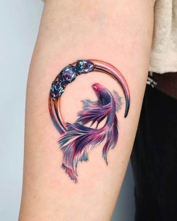 Gemstone moon and koi fish tattoo by @non_lee_ink