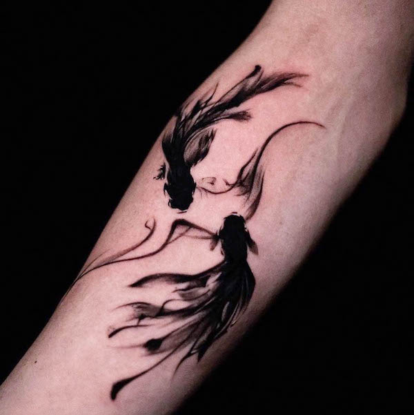 Black double koi fish tattoo by @baegx