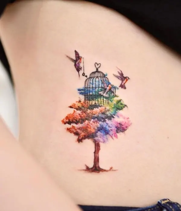 Beautiful bird, cage and tree of life tattoo by @tattoo_of_jangmah