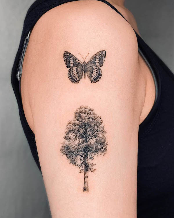 Butterfly and tree tattoo by @tattooist_ro