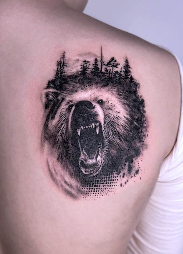 Bear and landscape tattoo by @dokbi_tattoo