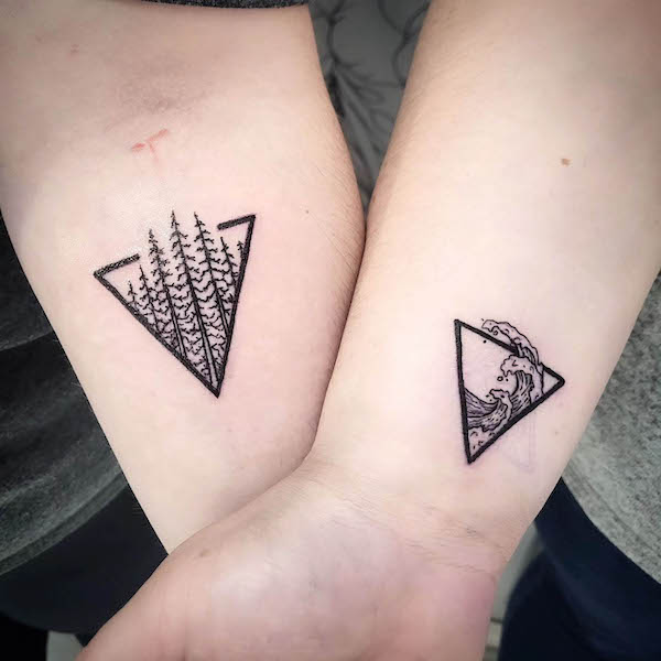 Tree and wave matching tattoos by @denisejtattoos
