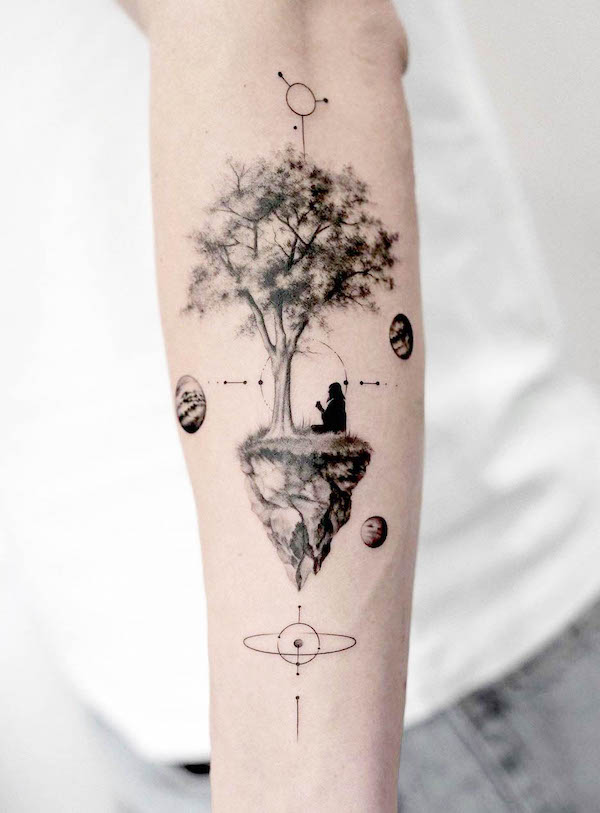 Tree and planets tattoo by @bartektattoo