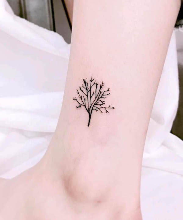Minimalist tree ankle tattoo by @pure_tattoo