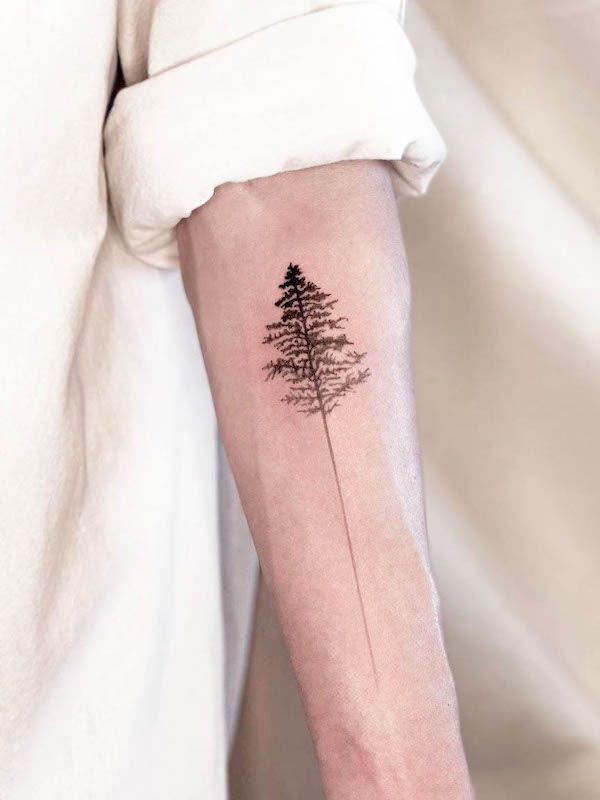 Fine line elongated tree tattoo by @dudutattooist