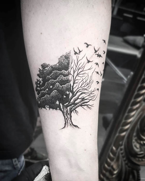 Dead tree tattoo by @frank_ank