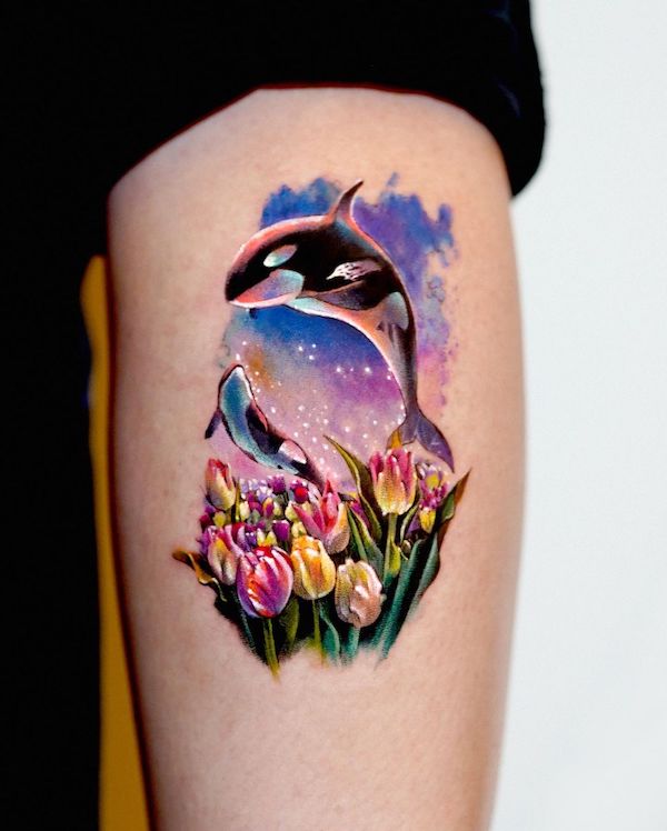 Fascinating whale garden tattoo by @mooongnyum_tattoo