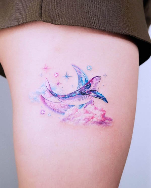 Dreamy moon and whale tattoo by @guseul_tattoo