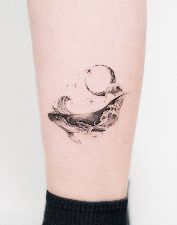 Black and grey whale and moon tattoo by @suya_ink