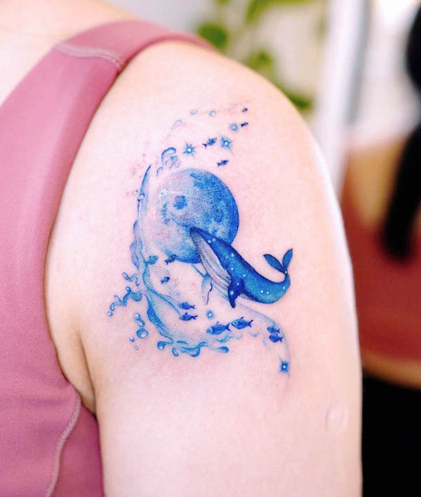 Blue planet and whale tattoo by @peria_tattoo