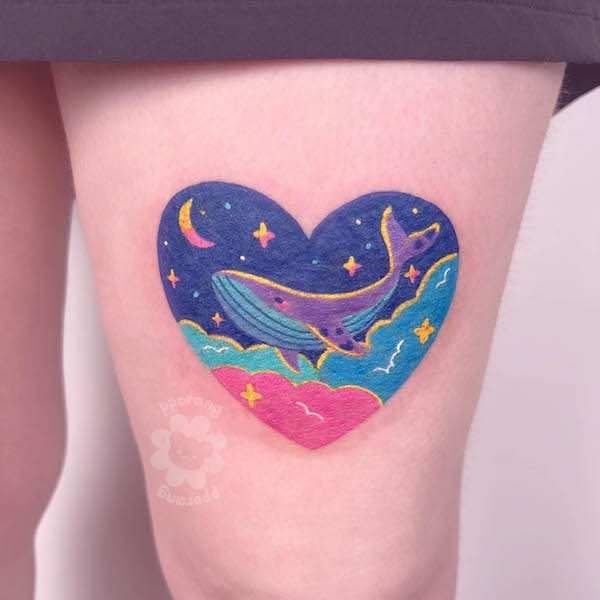 Heart-shaped whale tattoo by @pporangpporang