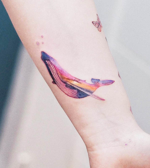 Sunset and whale tattoo by @olgacaca