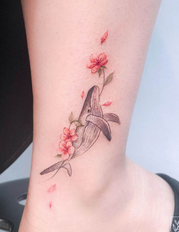 Cherry blossom and whale ankle tattoo by @olive_ink_b