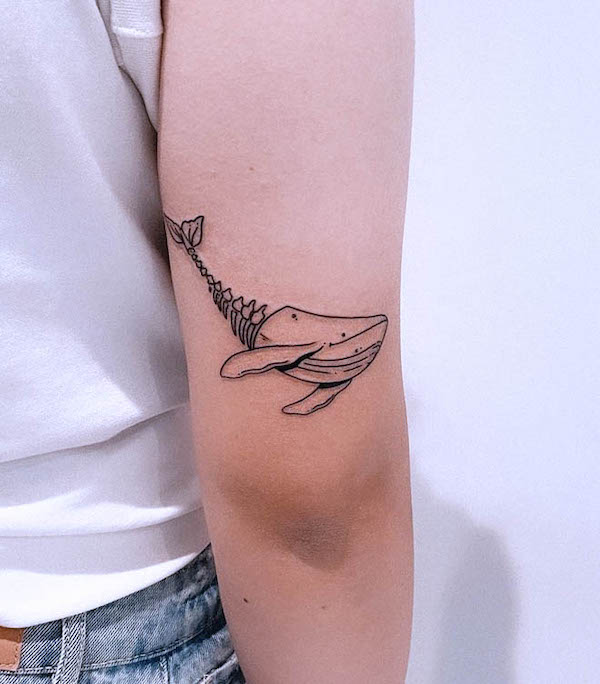 Half-skeleton whale tattoo by @arual.tattoo