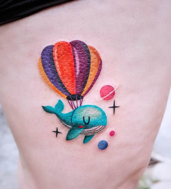 Cute hot balloon and whale tattoo by @rolypolyc