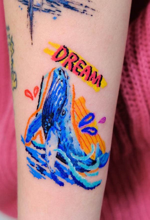 Crayon whale tattoo by @banzzak.ink