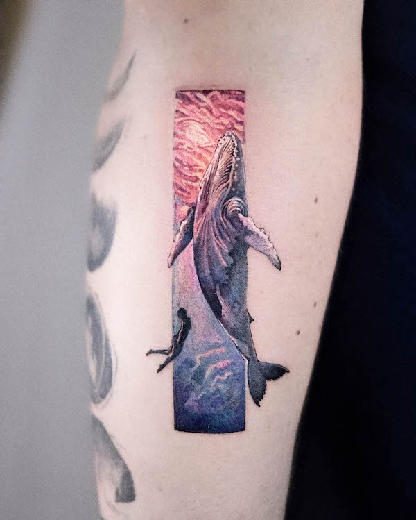 Diver and whale tattoo by @elva__ink
