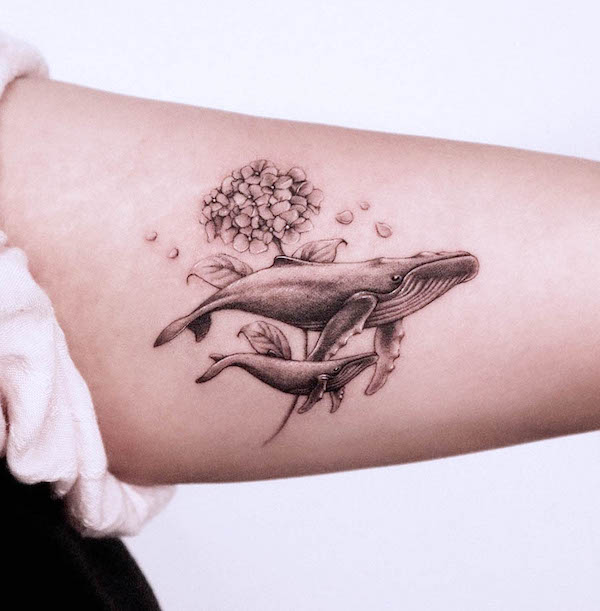 Mother-daughter whale tattoo by @tattooist_jaeo