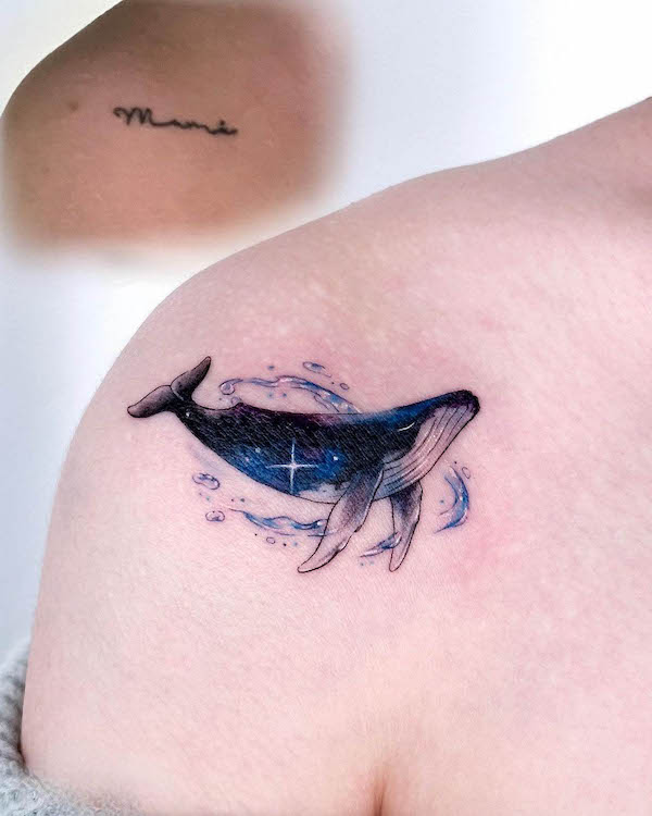 Cover-up whale shoulder tattoo by @default_blue_tt