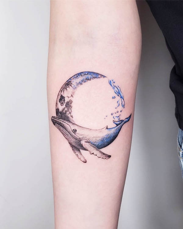 Gradient whale and moon tattoo by @elly_tattooist