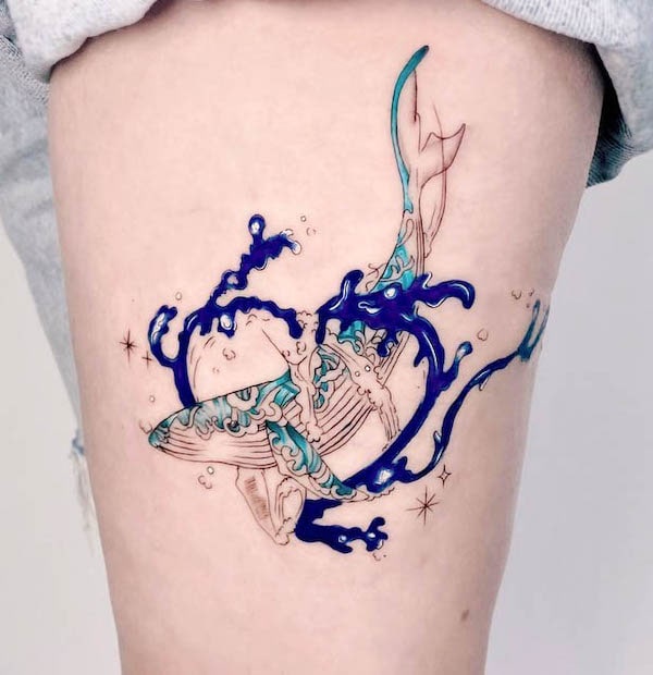 Waves and whale tattoo by @serenayakcicekx