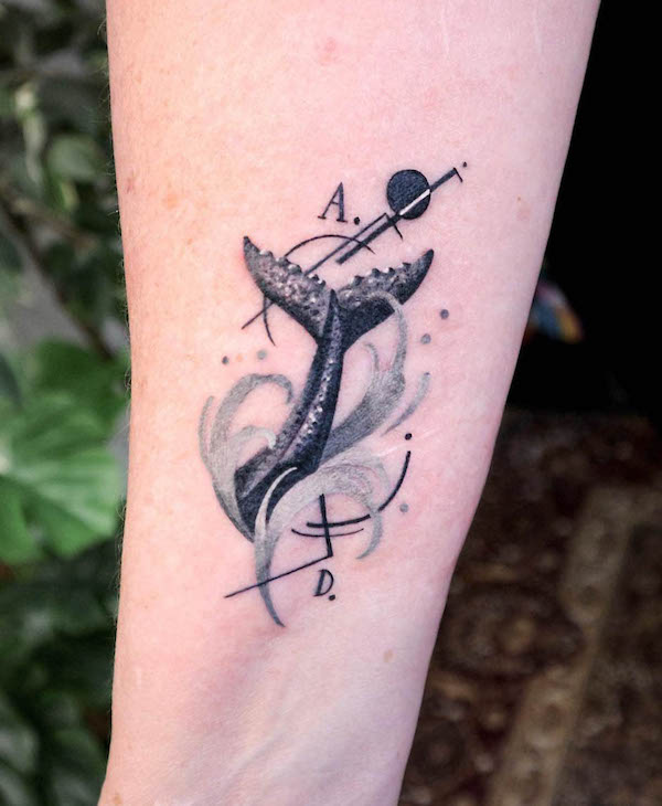 Whimsical whale tail tattoo by @rolypolyc