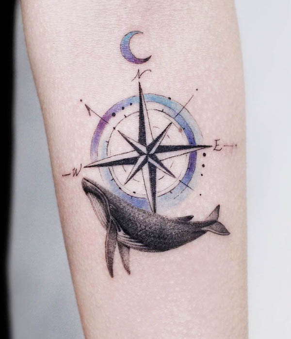Whale and compass tattoo by @tattoowithme