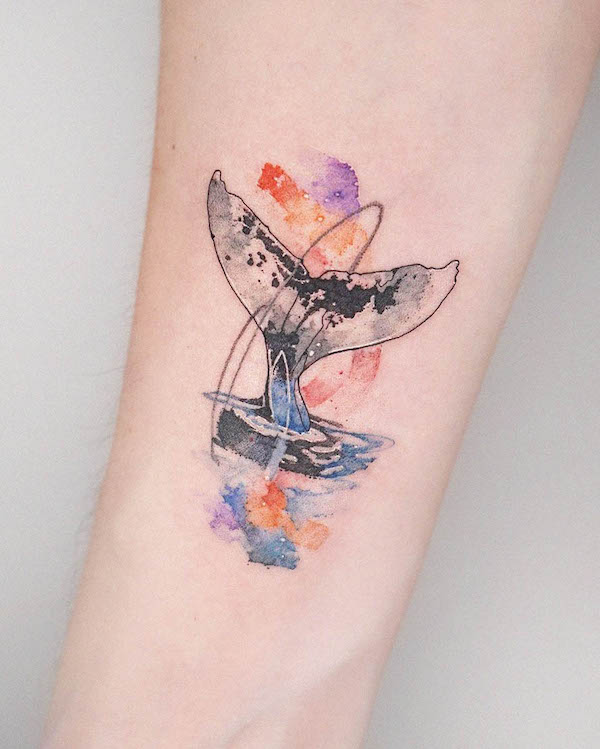 Watercolor whale tail tattoo by @rainisline