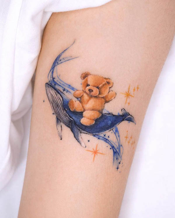 Whale and teddy bear tattoo by @tattooist_yun