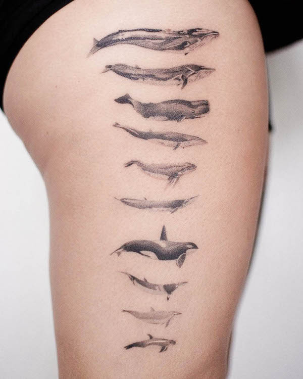 Whale chart thigh tattoo by @loi.ttt_