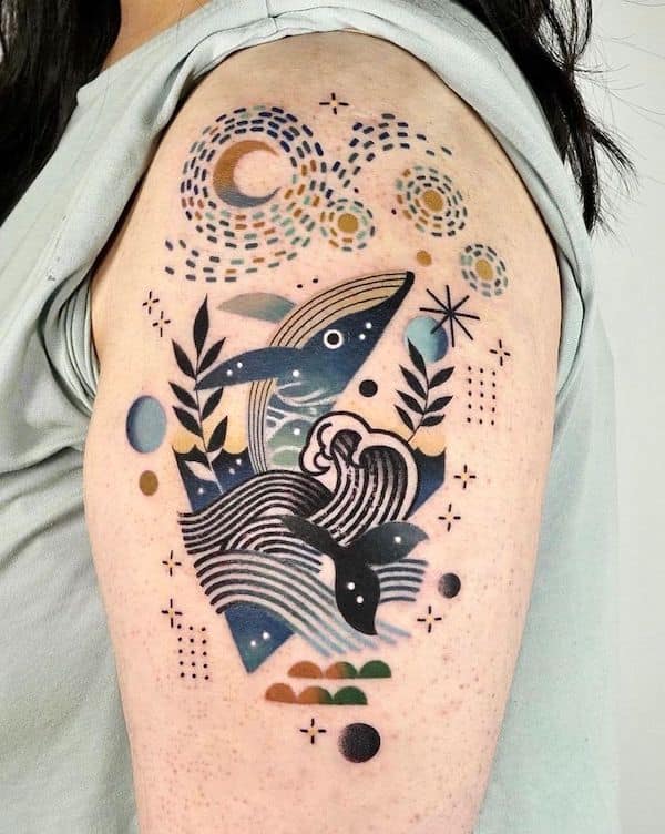 Unique whale in the ocean sleeve tattoo by @hen_tattooer