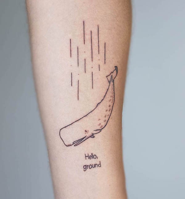 Falling sperm whale tattoo by @winethenline