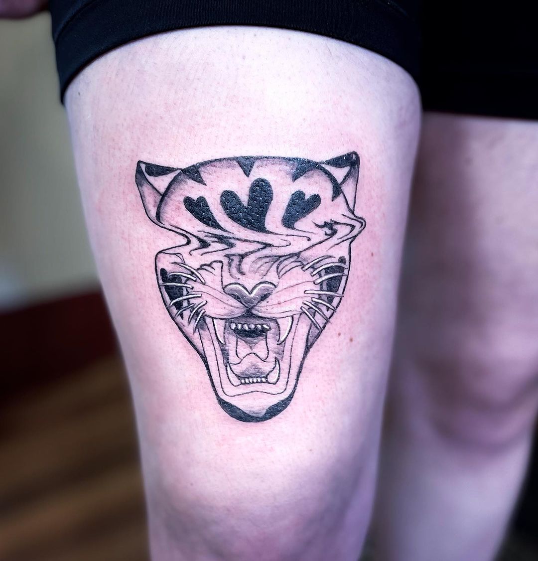 Fierce Tiger's Face Thigh Tattoo