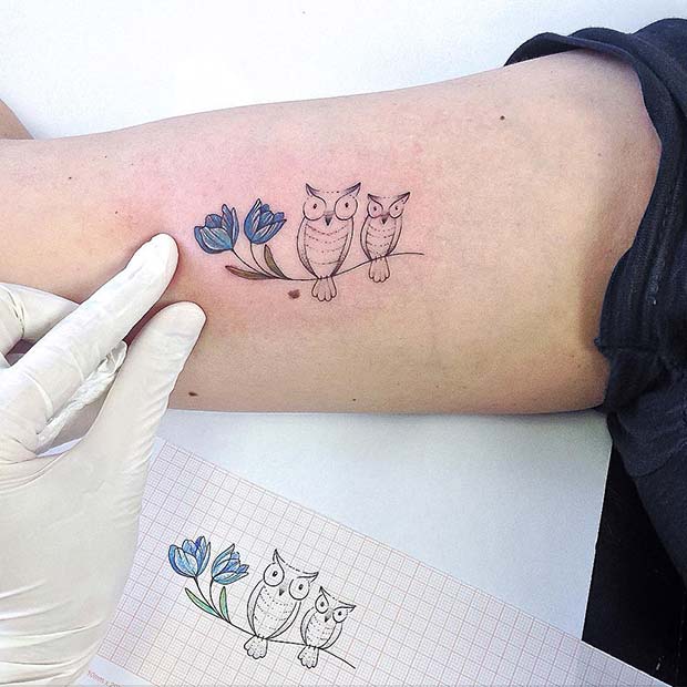 Owls and Blue Flowers Tattoo