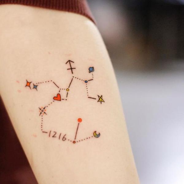 Sagittarius constellation with moon and stars and date tattoo