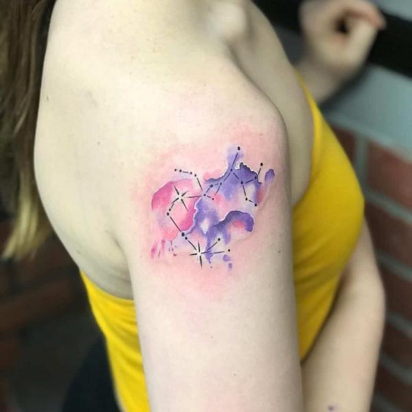 Watercolor Sagittarius constellation shoulder tattoo