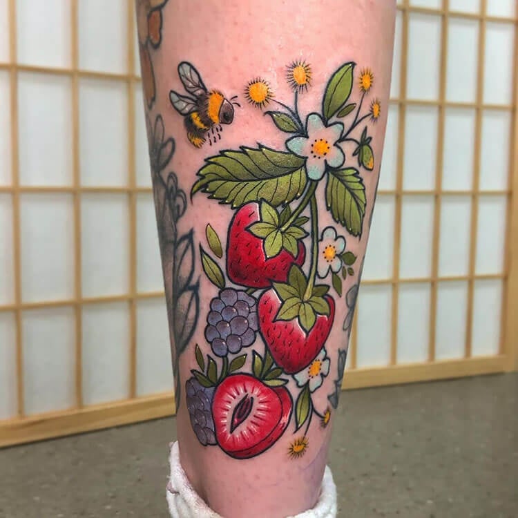 bee with strawberries tattoo