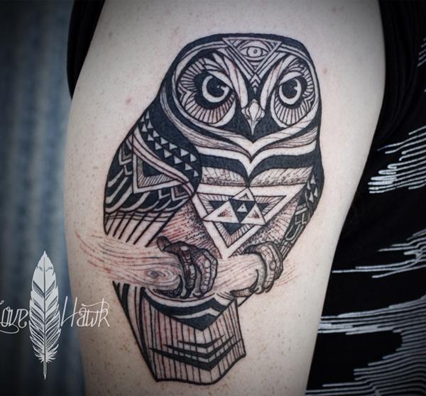 owl illustration style sleeve tattoo