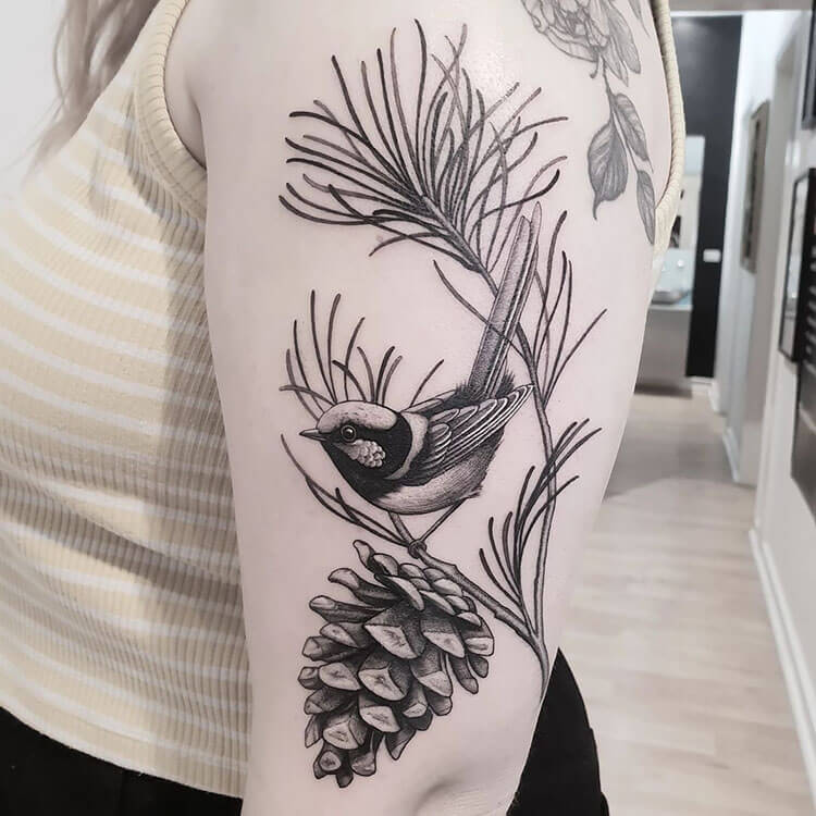 pinecone with finch tattoo