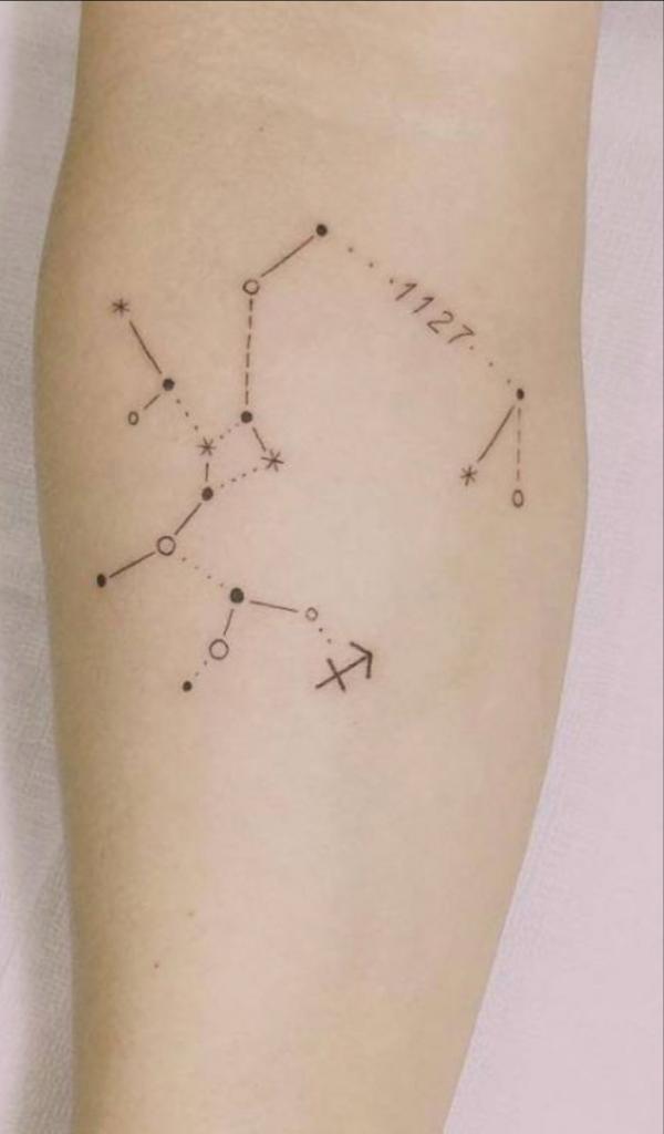 sagittarius constellation with date tattoo forearm