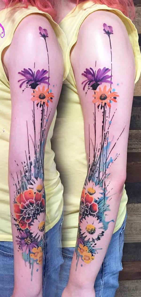 watercolor flower sleeve tattoo