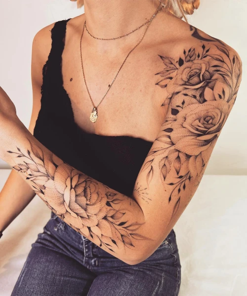 Large Floral Arm tattoo With rose Design Ideas