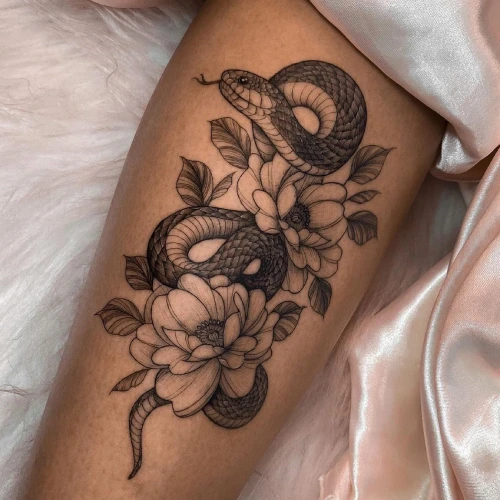 Black Snake with rose floral Outline tattoo ideas