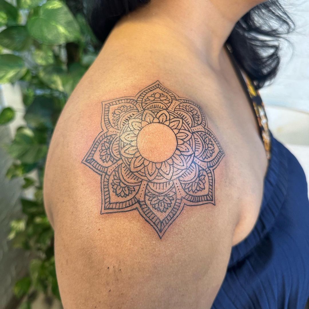 Classic Circular Mandala Tattoo On Shoulder